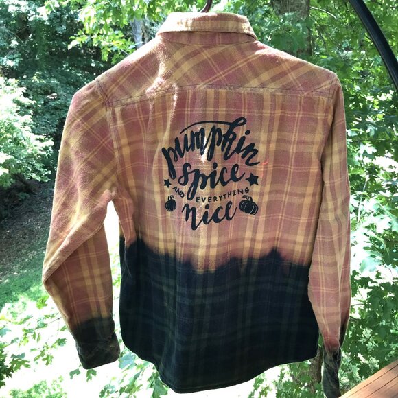 Bleached Flannel Autumn Shirt, Size Medium: Upcycled, Painted Pumpkin Spice - Picture 10 of 12